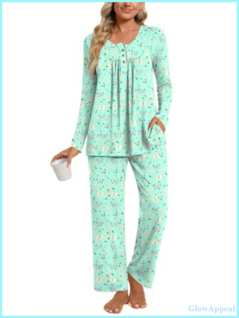 Womens 2 Piece Pajama Set Long Sleeve Henley Neck Sleepwear with Pockets